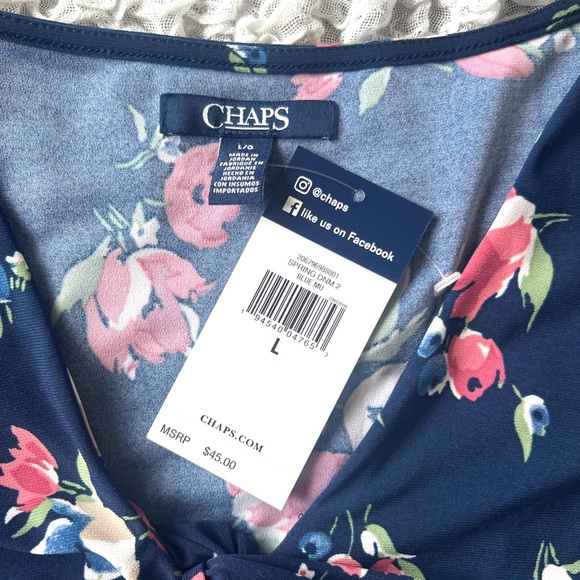 Chaps  Navy and Pink Floral Short Sleeve Top size L - Picture 2 of 2